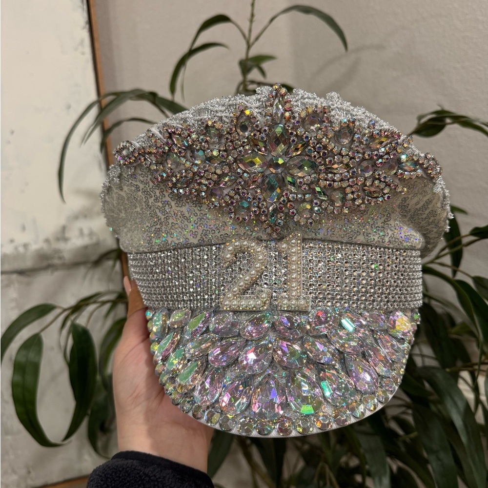 21st birthday festival sequin burning man glamour Silver Embellished‎ hat - Picture 3 of 8